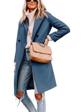 Women's Blue Wool Coat Notch Lapel Double-Breasted Peacoat Casual Mid-Length